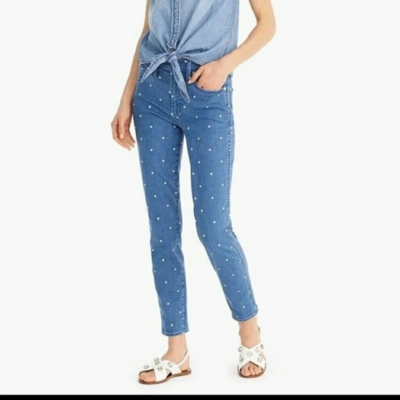 J. Crew Denim Polka Dot Jeans 28 Vintage Straight Blue White 10" Rise Ankle - Picture 1 of 12